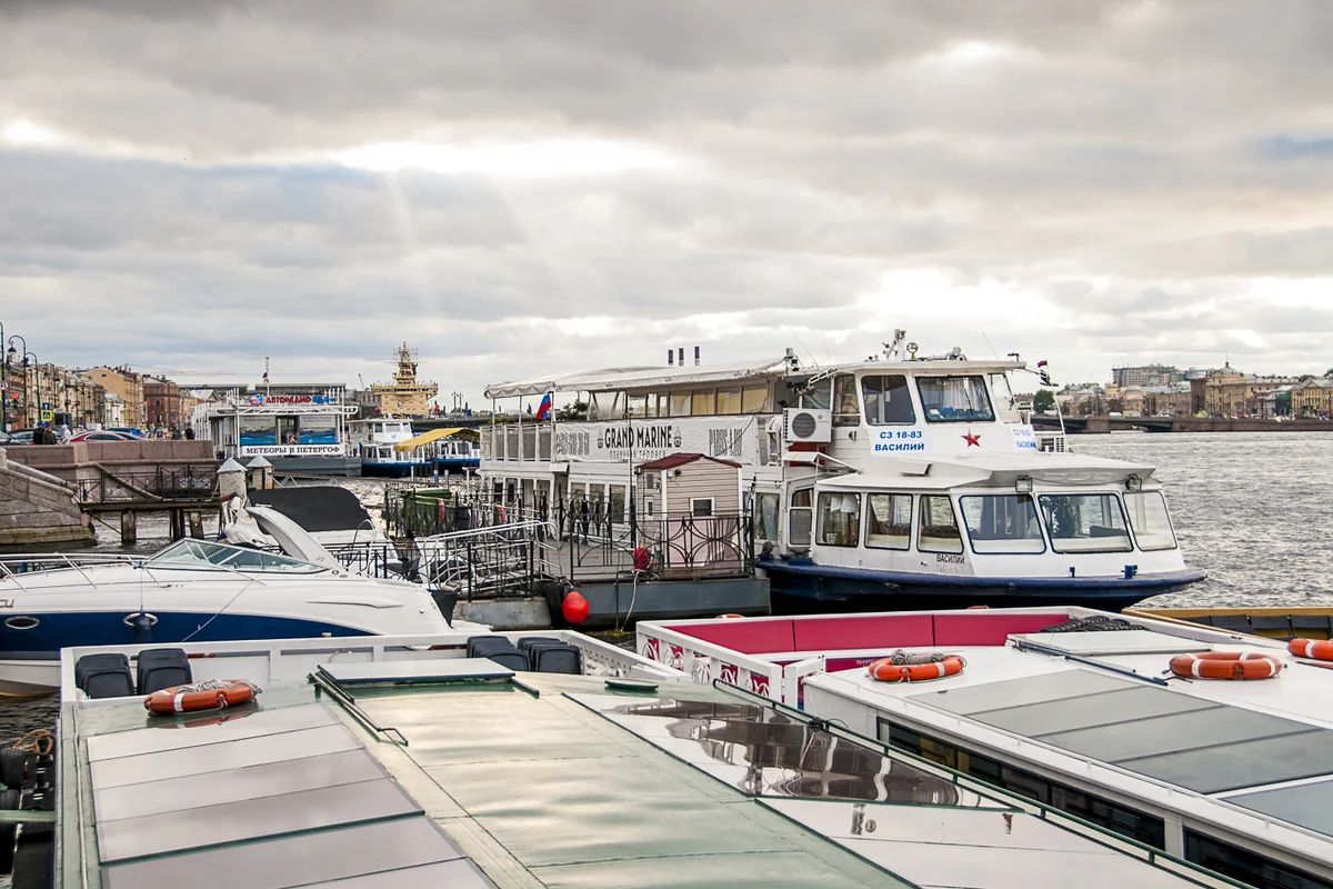 River cruise ship on the water in the port of Saint Petersburg