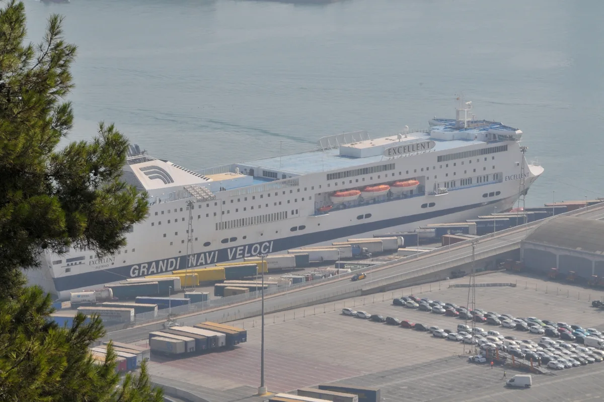 Ferry with vehicles in a harbour