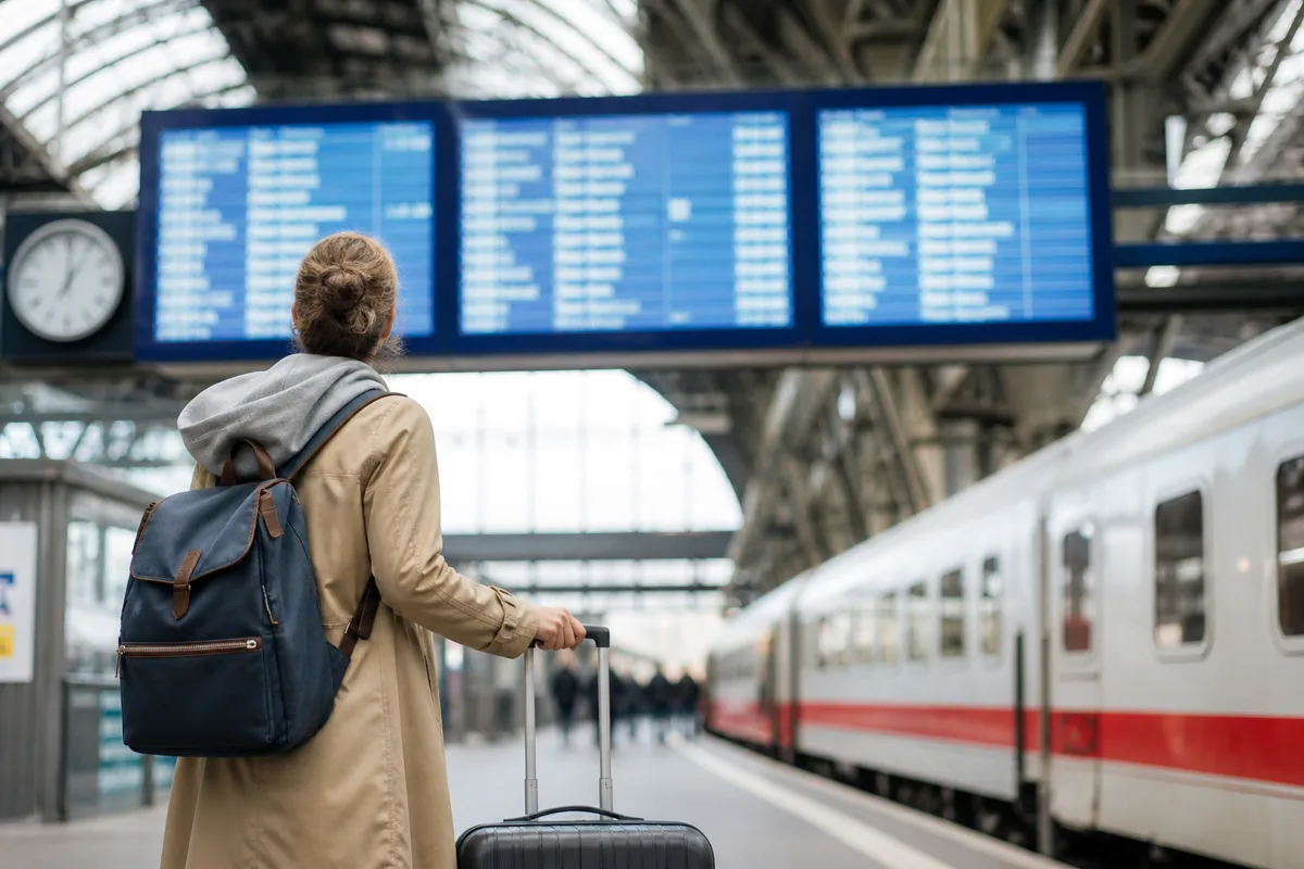 Traveller with luggage looking at a station departure board beside a train