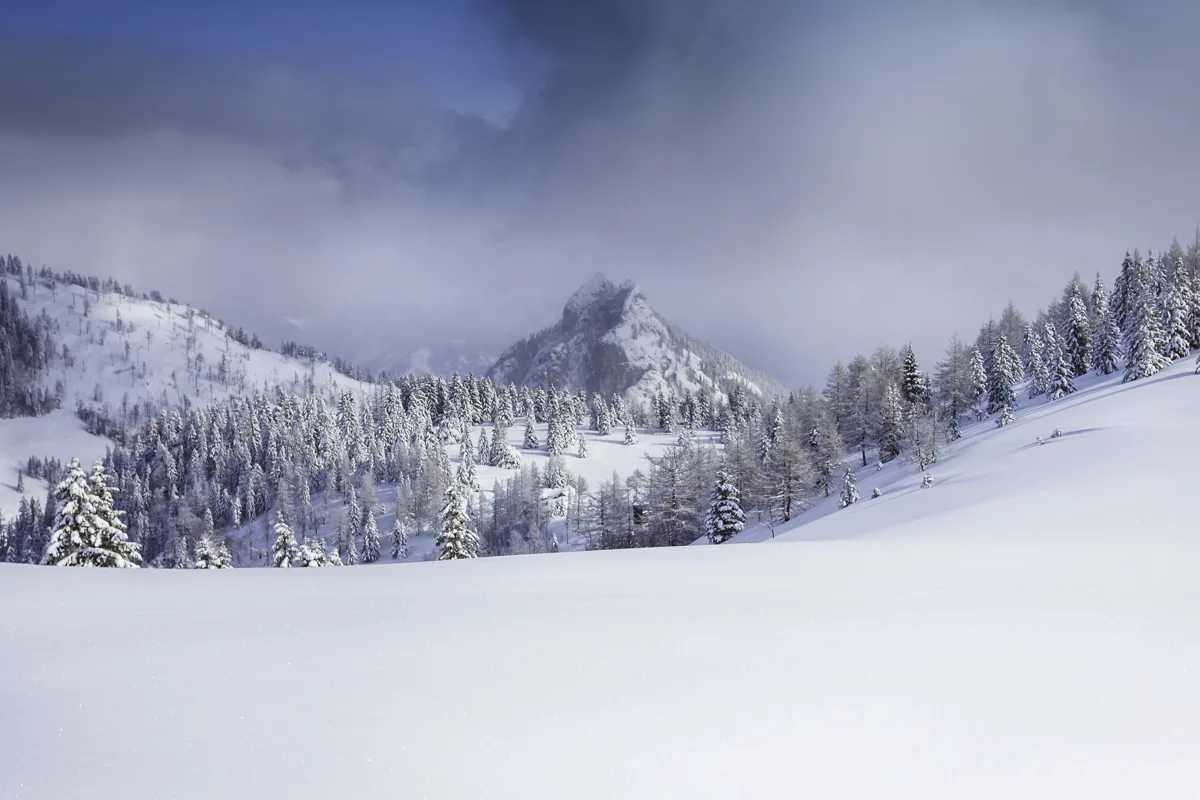 Snow-covered slopes and forests on the Postalm plateau in SalzburgerLand